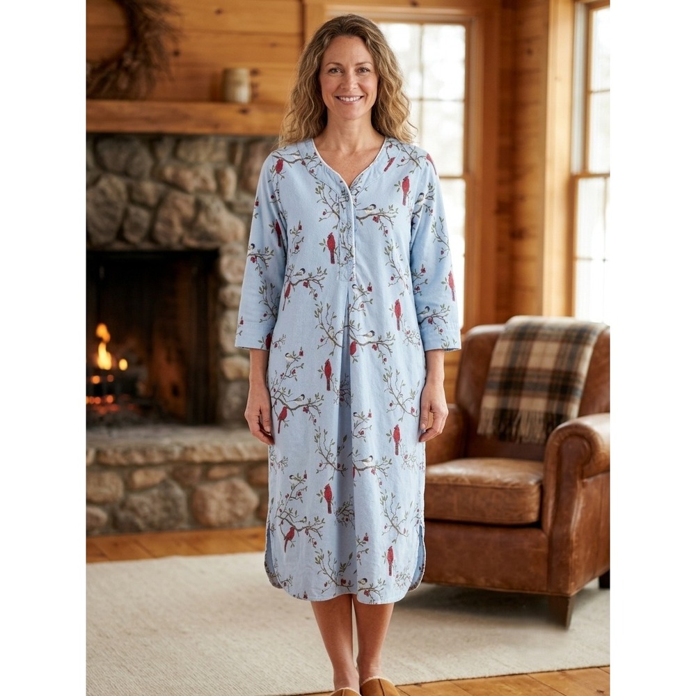 The‎ Vermont Country Store Flannel Nightgown Small Blue Cardinal Bird Portugal